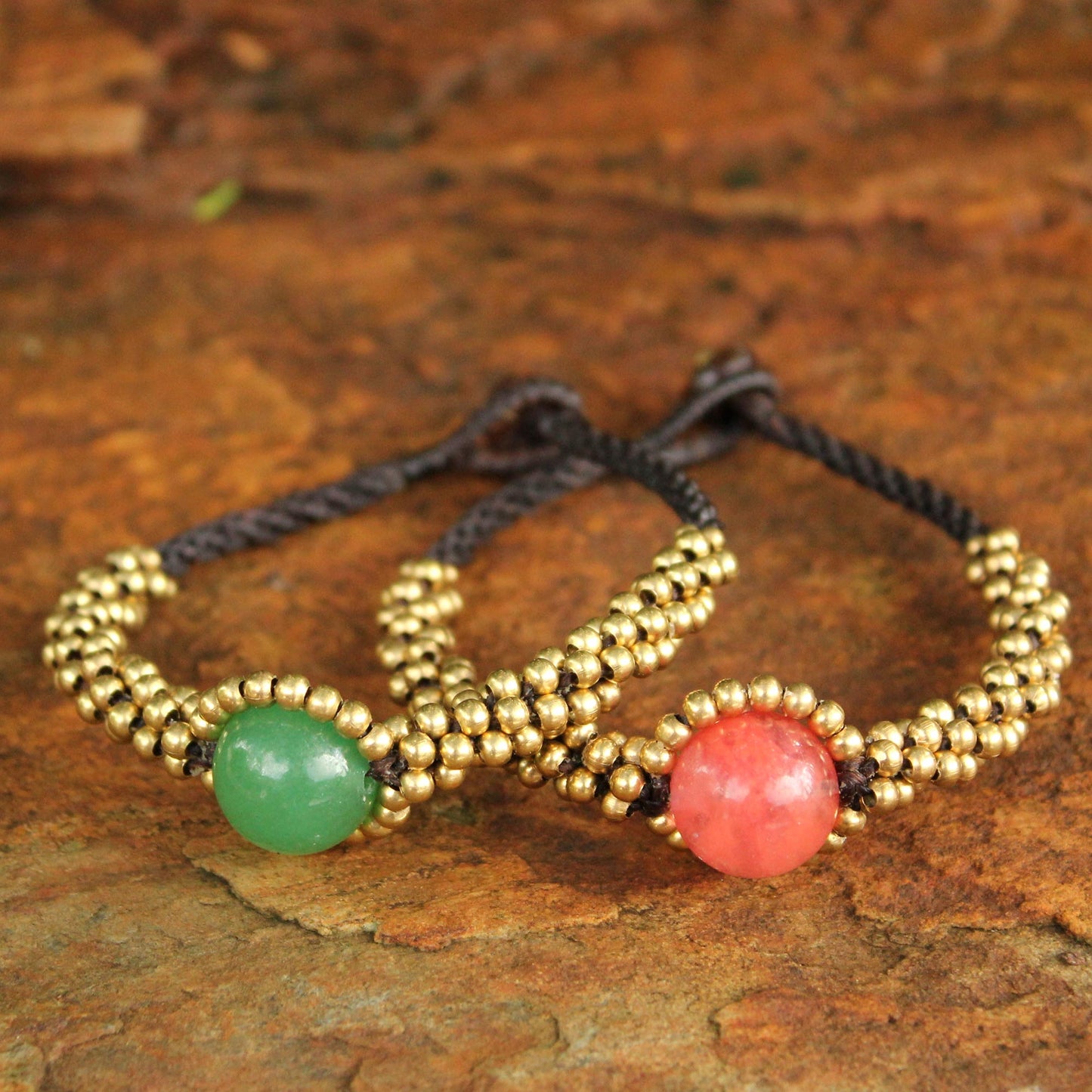 Planet Spring Beaded Brass and Quartz Bracelets (Pair)