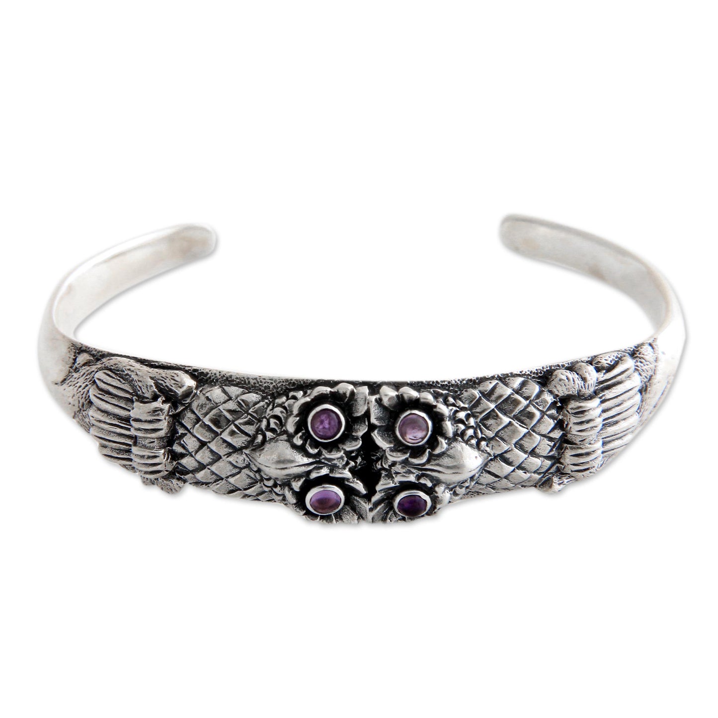 Twin Owls Sterling Silver and Amethyst Cuff Bracelet