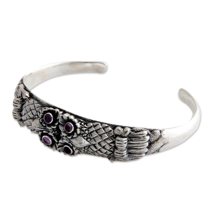 Twin Owls Sterling Silver and Amethyst Cuff Bracelet