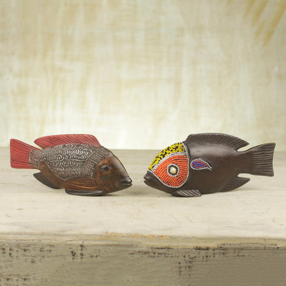 African Tilapia Fish Beaded Wood Sculptures (Pair)