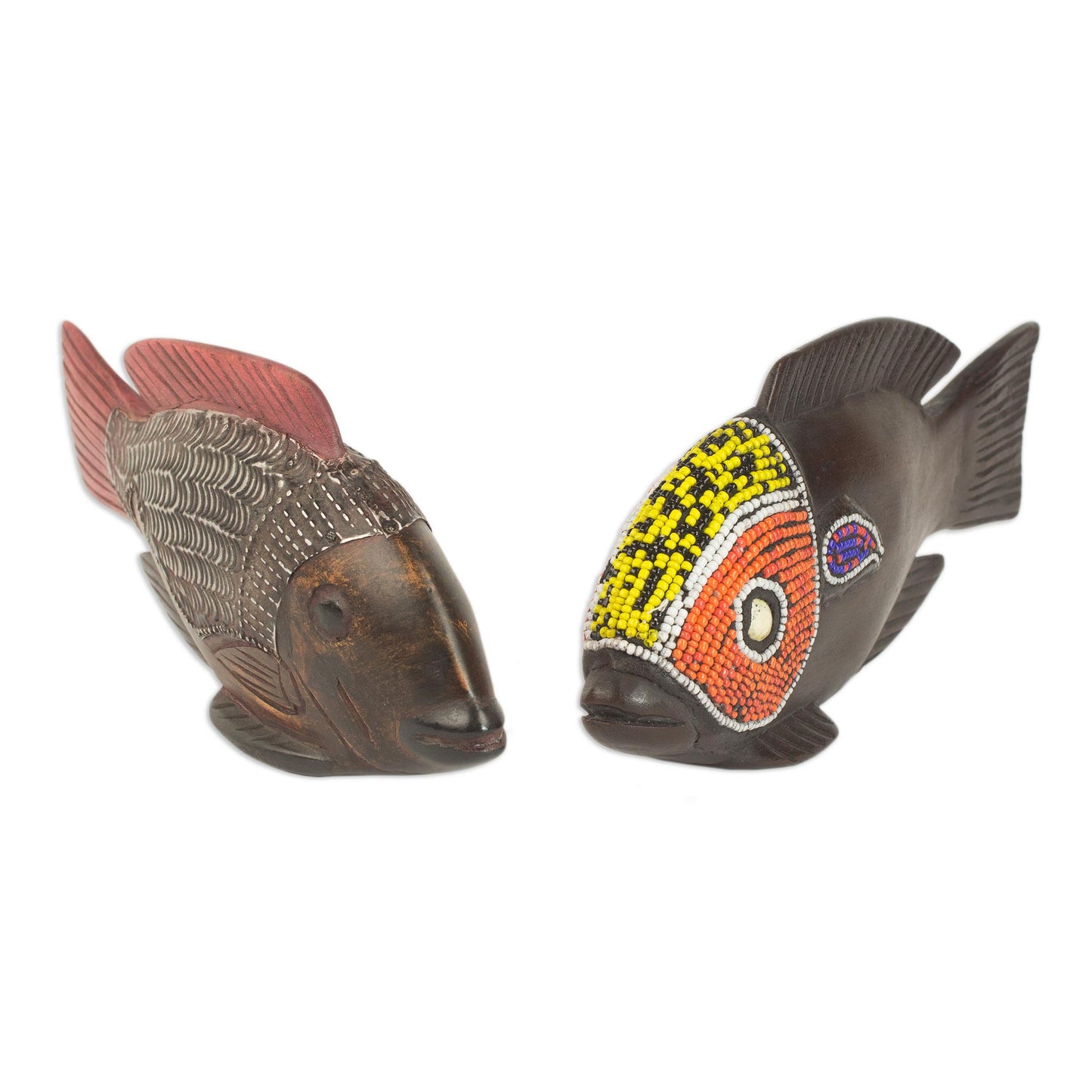 African Tilapia Fish Beaded Wood Sculptures (Pair)