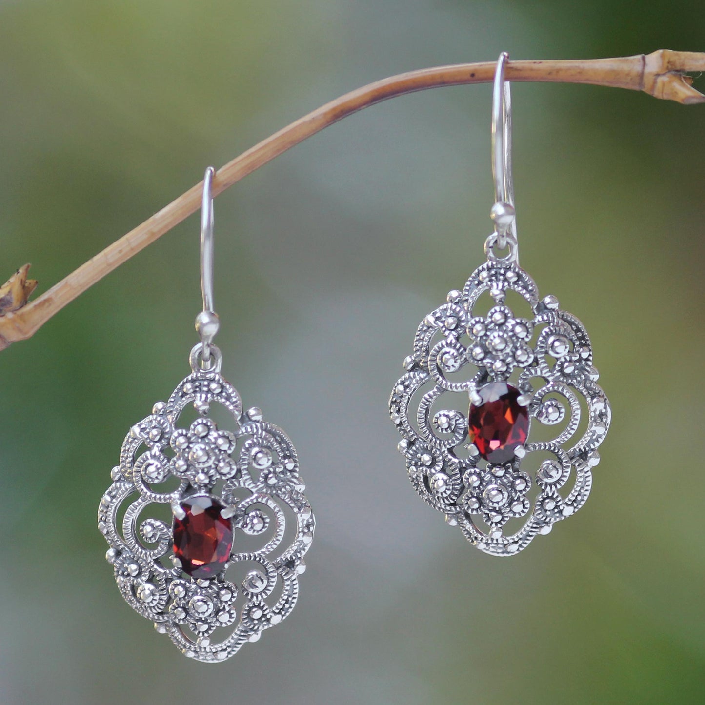 Kuta Princess Fair Trade Sterling Silver and Garnet Dangle Earrings