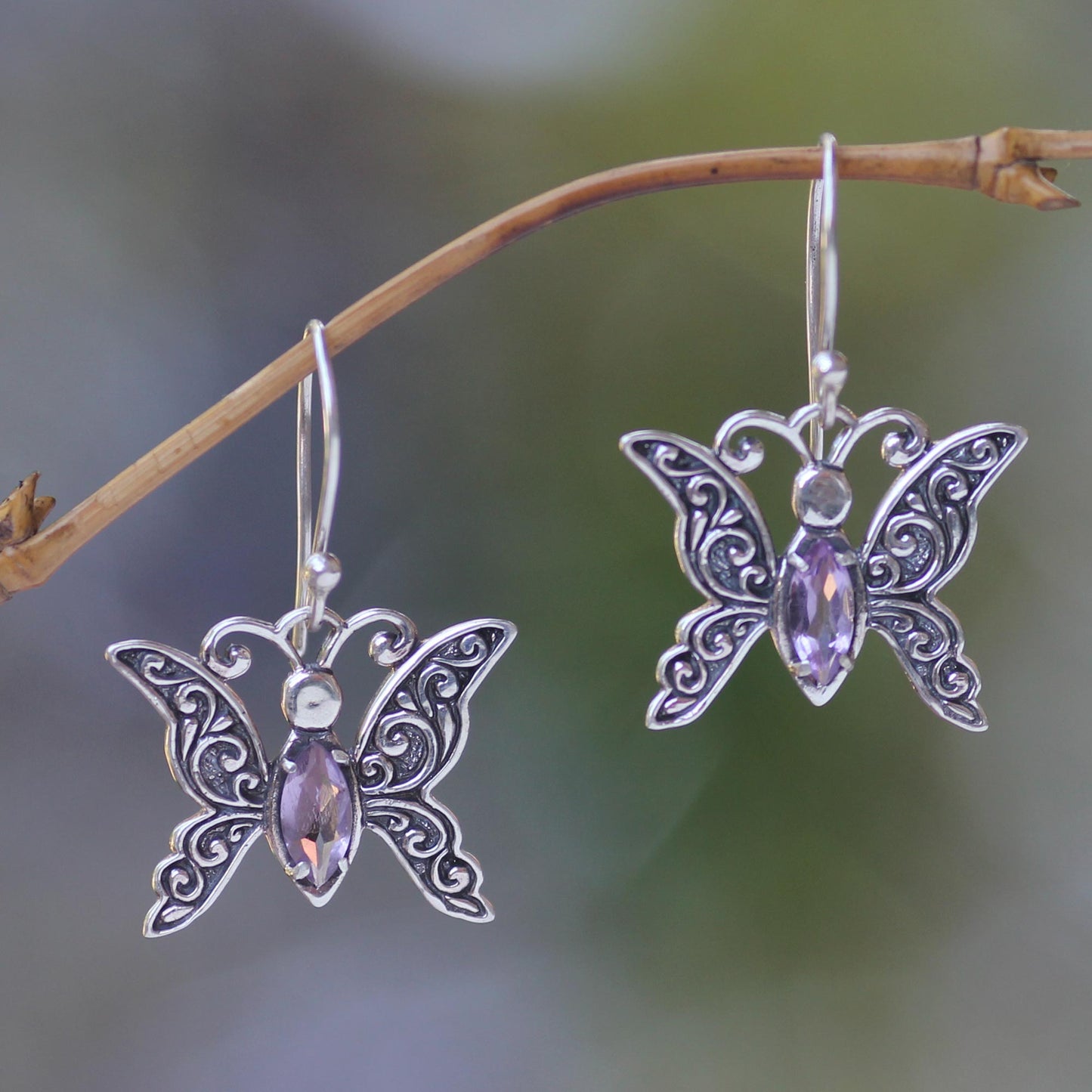 Petite Butterfly Indonesian Sterling Silver and Amethyst Dangle Earrings