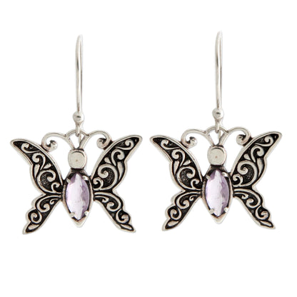 Petite Butterfly Indonesian Sterling Silver and Amethyst Dangle Earrings