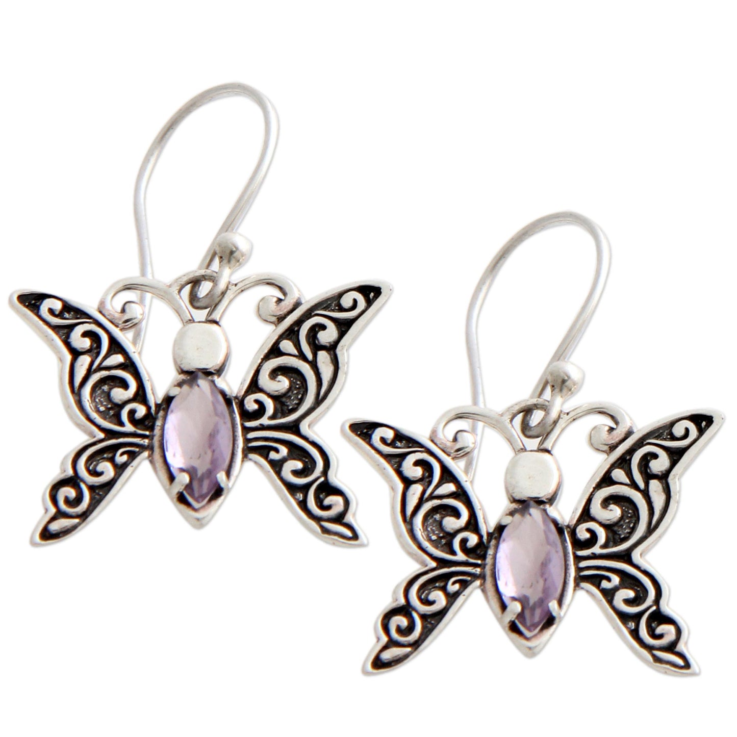 Petite Butterfly Indonesian Sterling Silver and Amethyst Dangle Earrings