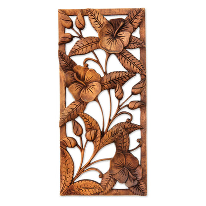 Sweet Balinese Hibiscus Artisan Crafted Floral Wood Relief Panel