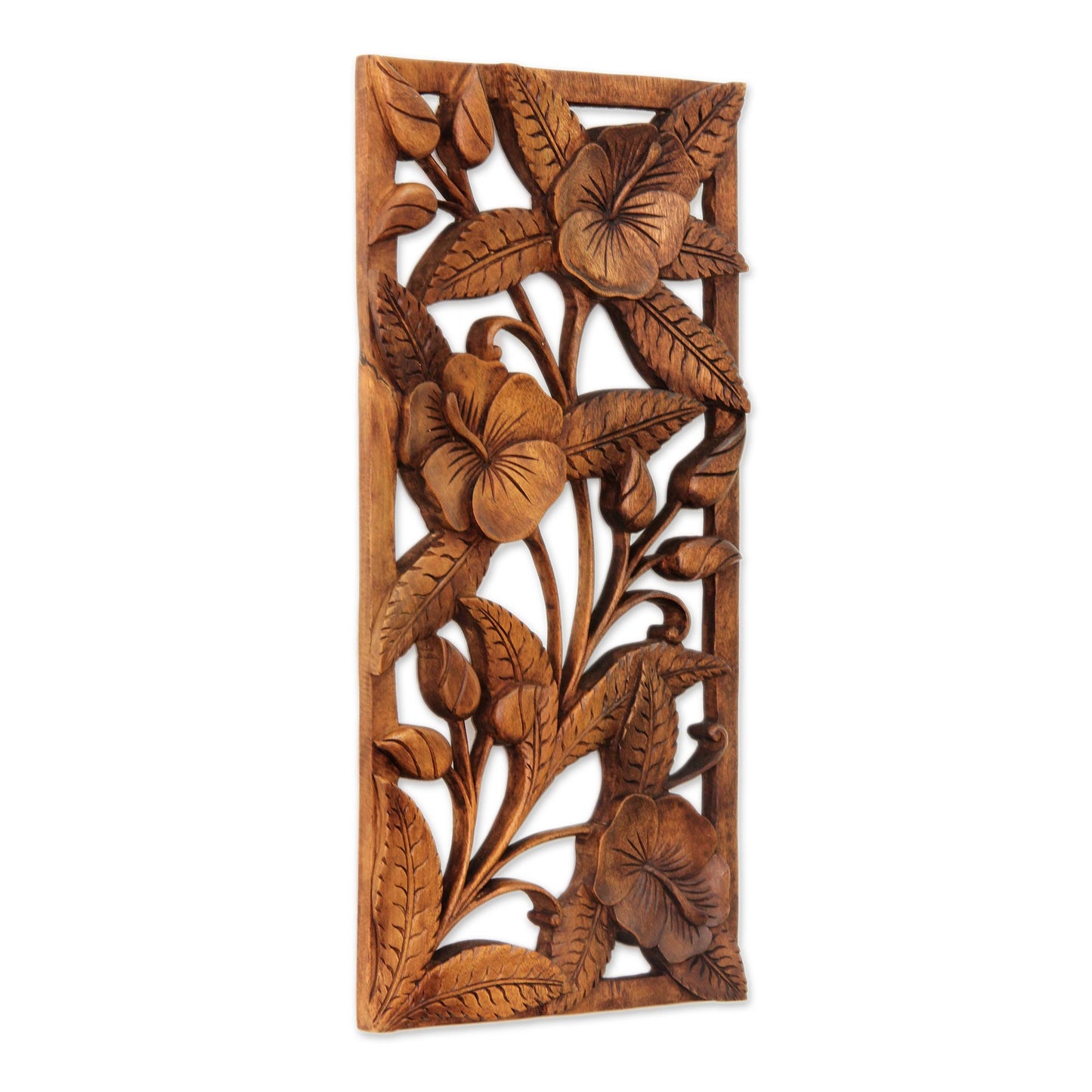 Sweet Balinese Hibiscus Artisan Crafted Floral Wood Relief Panel