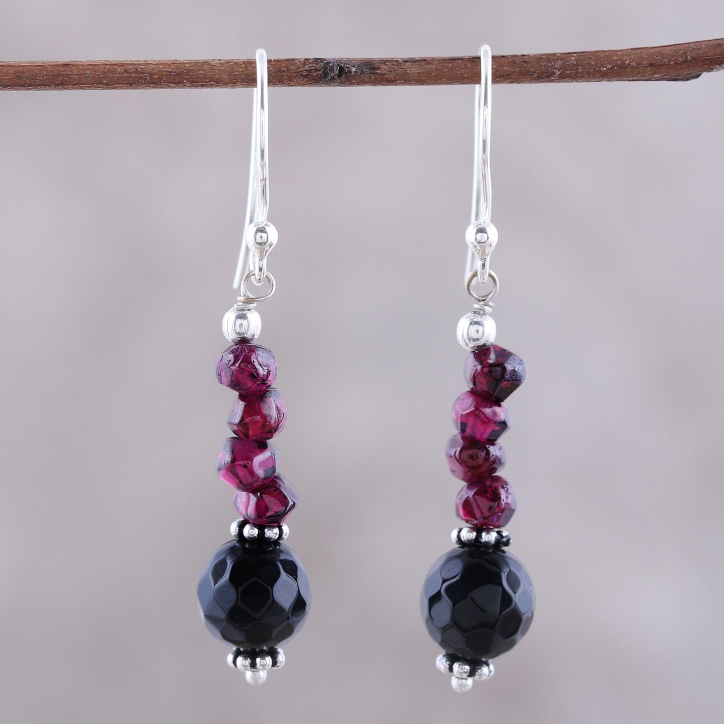 Night of Passion Garnet and onyx dangle earrings