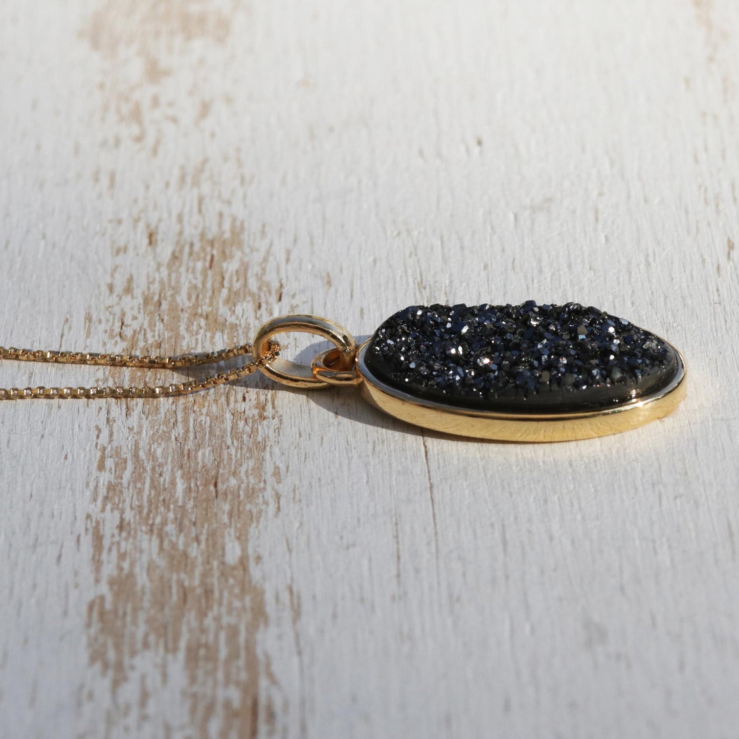 Galactic Black Handcrafted Gold Plated Drusy Pendant Necklace