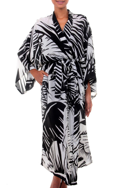 Palm Frond Shadow Women's Artisan Crafted Black and White Long Silk Robe