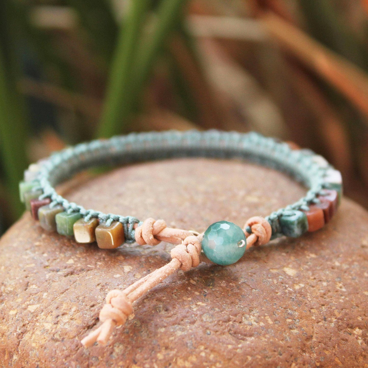 Cubic Pastels Jasper and Leather Beaded Bracelet