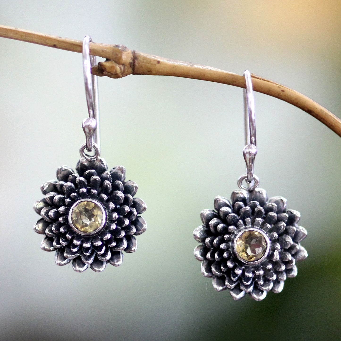 November Chrysanthemum Citrine Dangle Earrings