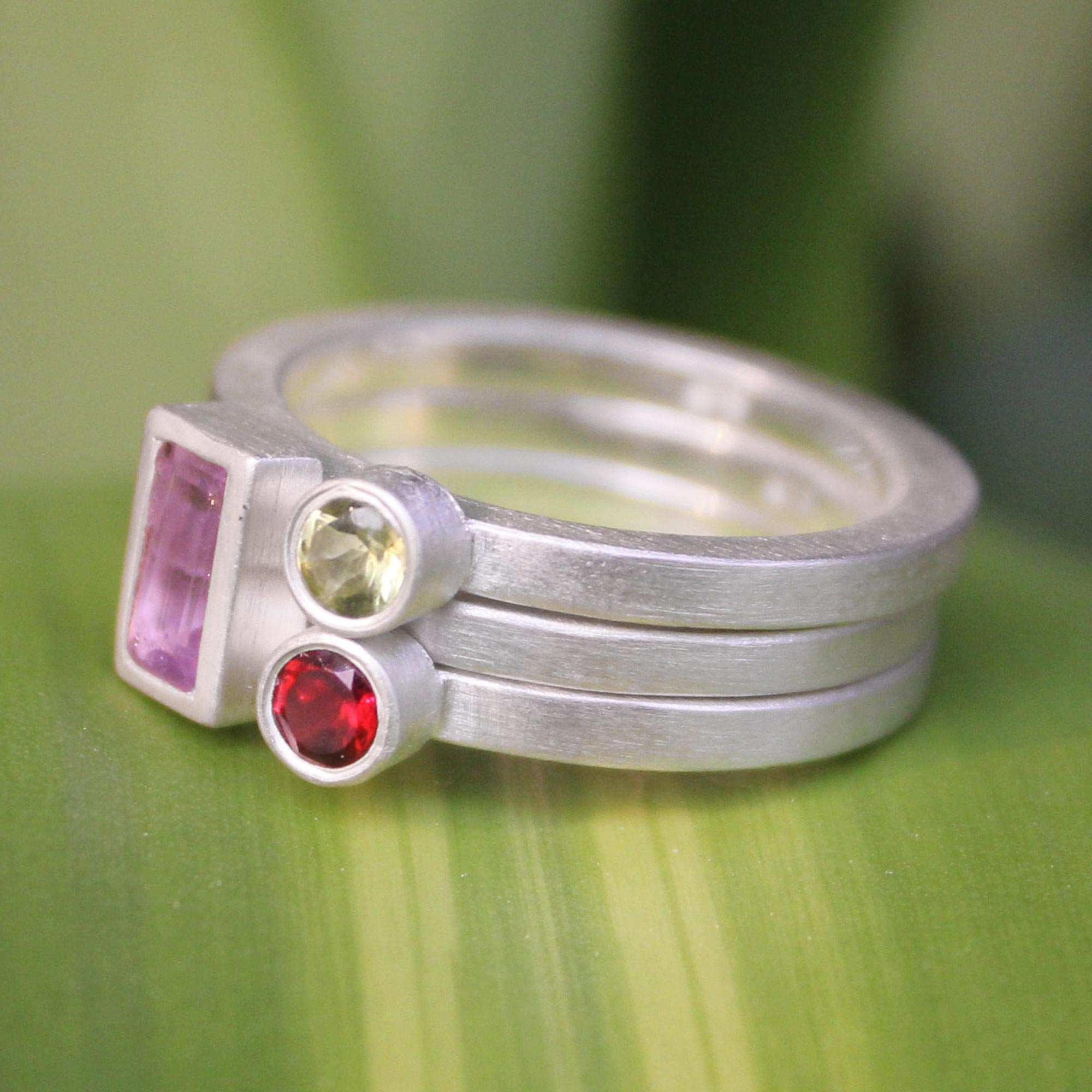 NOVICA Gemstone Geometry Silver Stacking Rings | GreaterGood