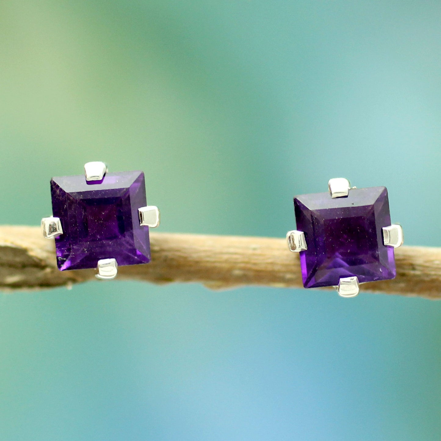 India Charm Sterling Silver and Amethyst Stud Earrings