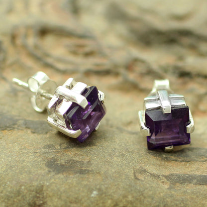 India Charm Sterling Silver and Amethyst Stud Earrings