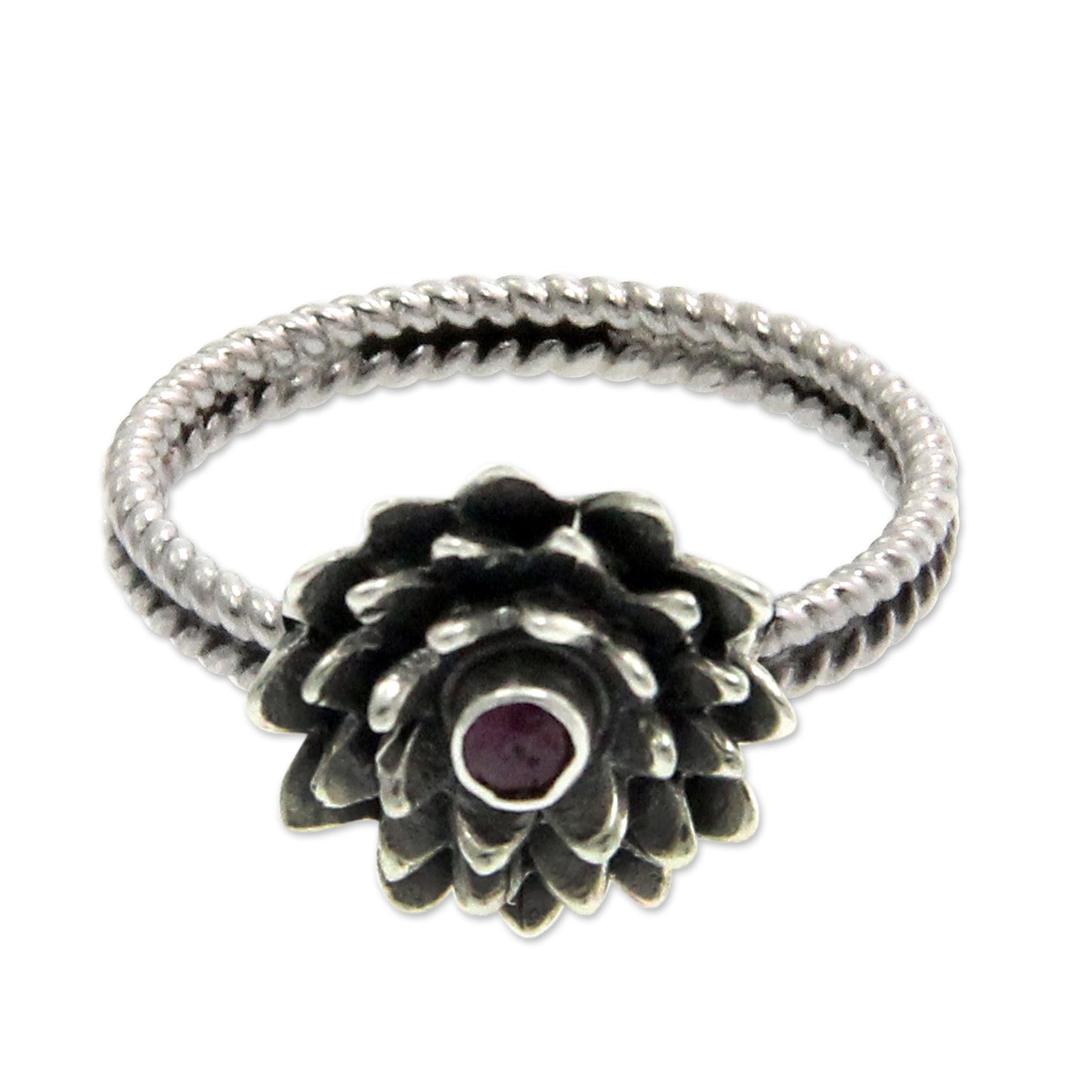 July Water Lily Hand Made Floral Sterling Silver and Ruby Ring