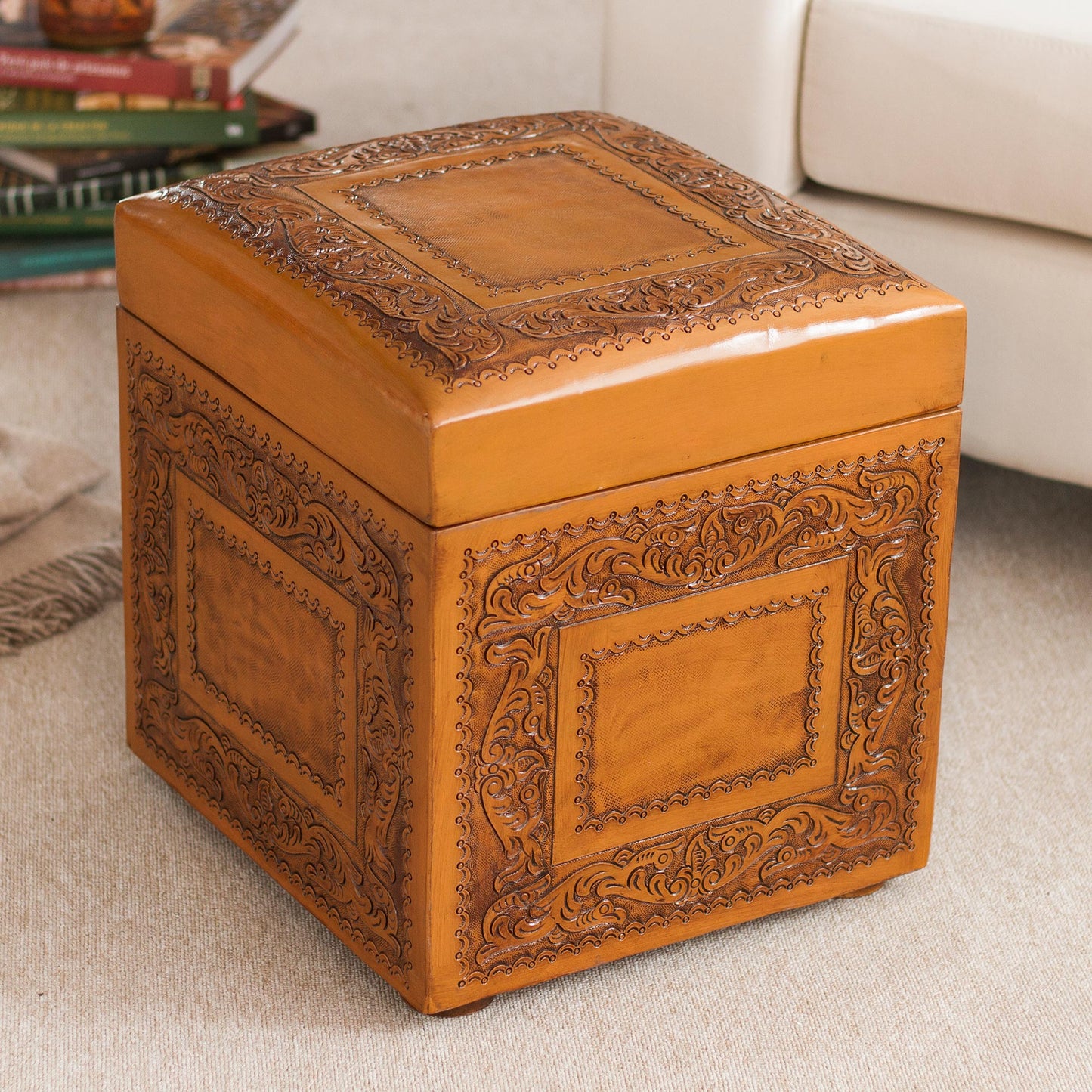 Golden Colonial Ivy Leather ottoman