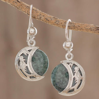 Quetzal Eclipse Hand Made Sterling Silver Dangle Jade Bird Earrings