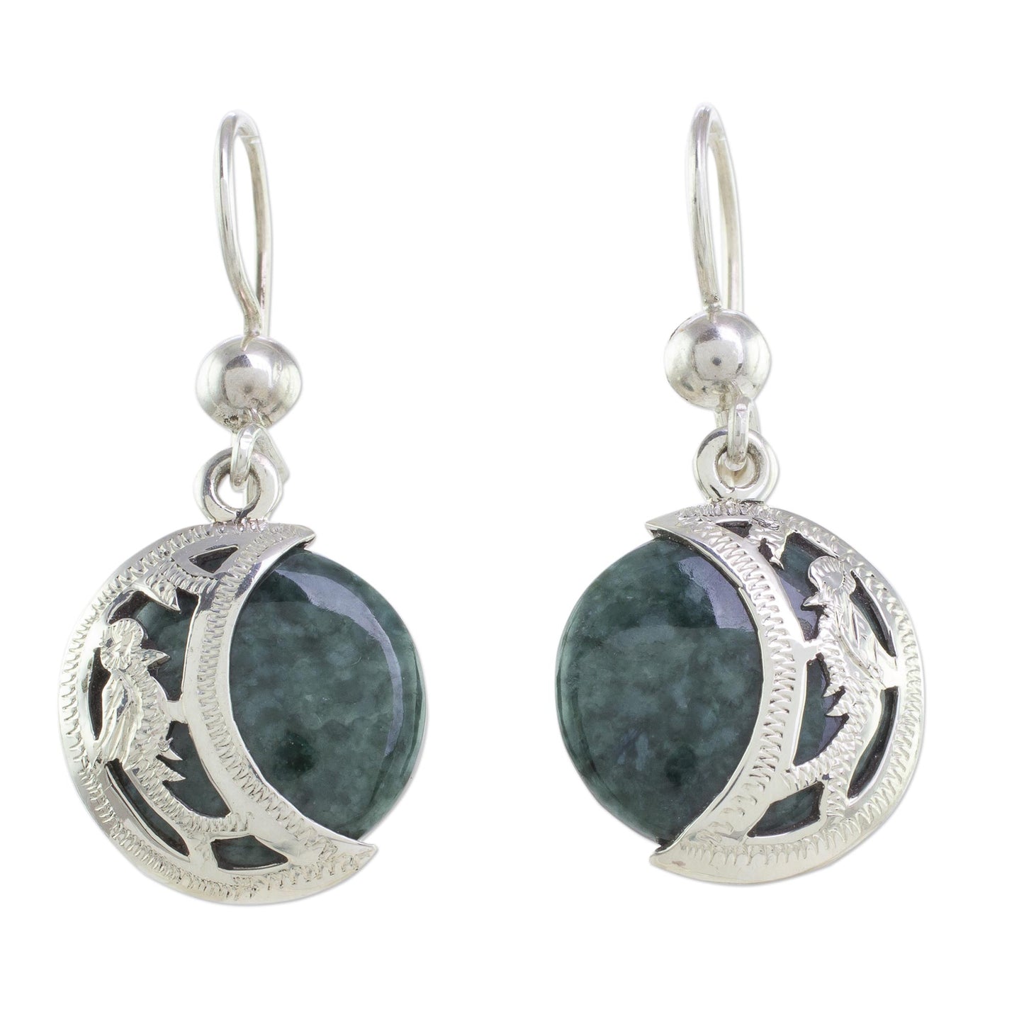 Quetzal Eclipse Hand Made Sterling Silver Dangle Jade Bird Earrings