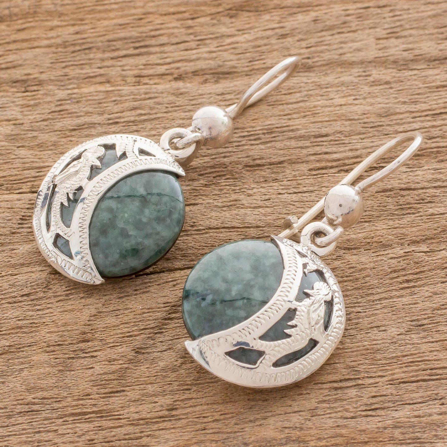 Quetzal Eclipse Hand Made Sterling Silver Dangle Jade Bird Earrings