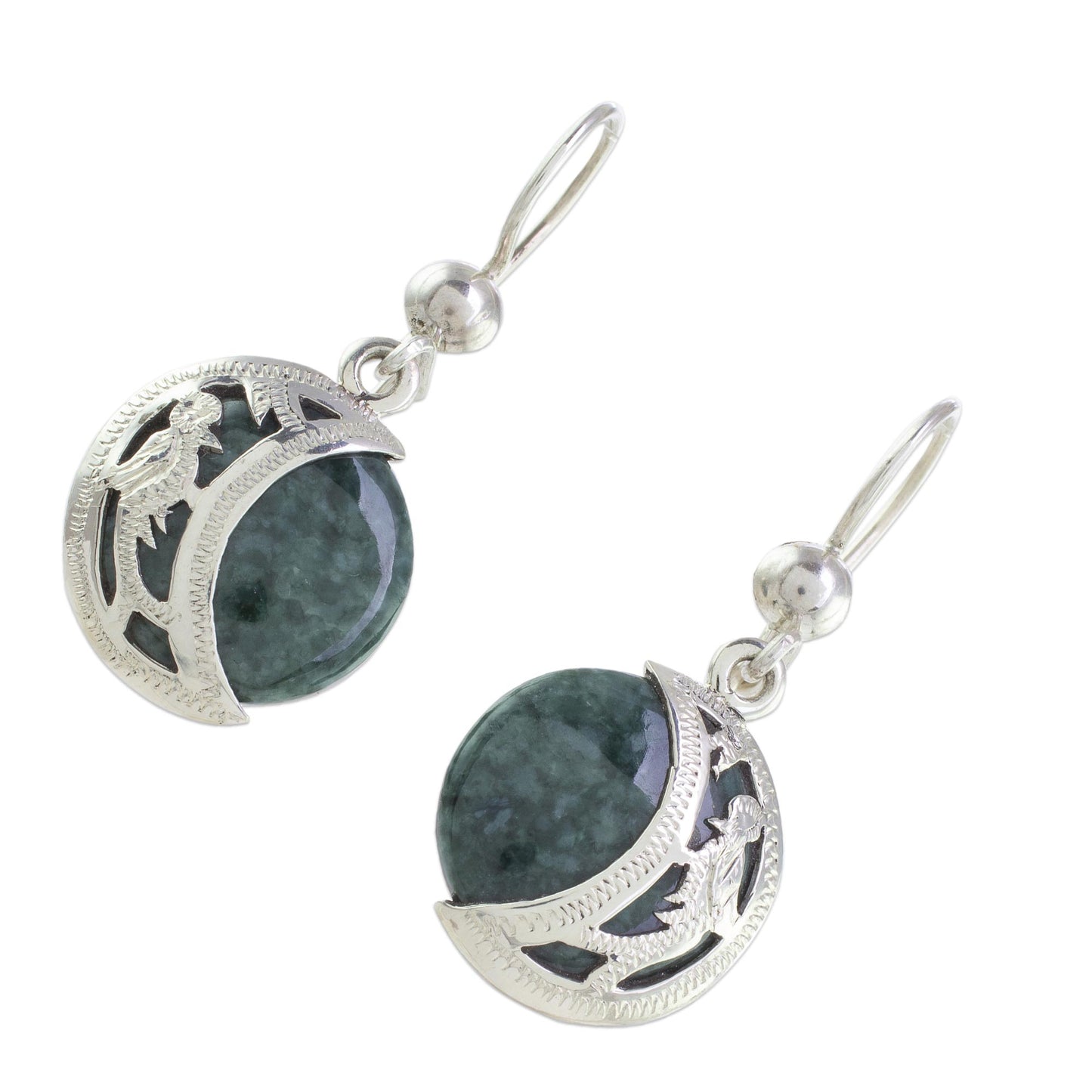 Quetzal Eclipse Hand Made Sterling Silver Dangle Jade Bird Earrings