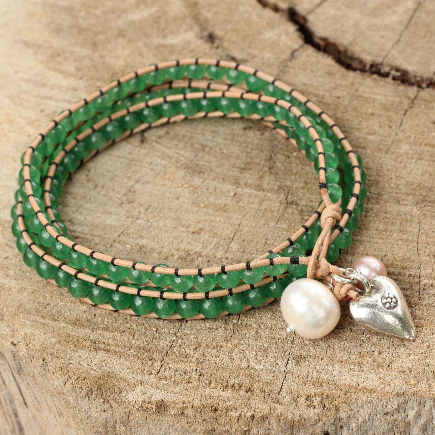 Forest Heart Leather and Quartz Wrap Bracelet