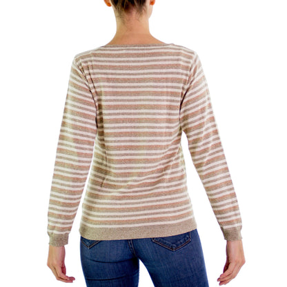 Horizon Women's Cotton Sweater with Ivory Jade Brown Stripes