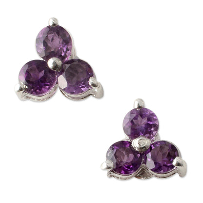 Charming Trio Silver and Amethyst Button Earrings