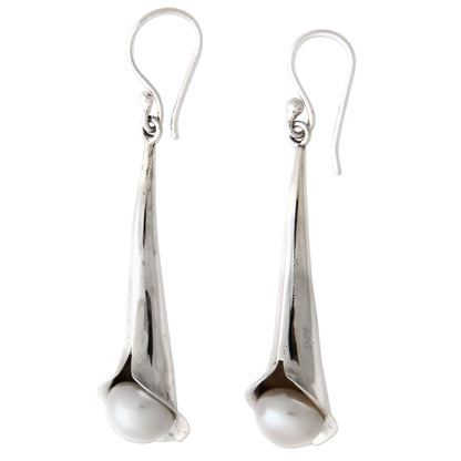 Trumpet Flower Silver & Pearl Dangle Earrings