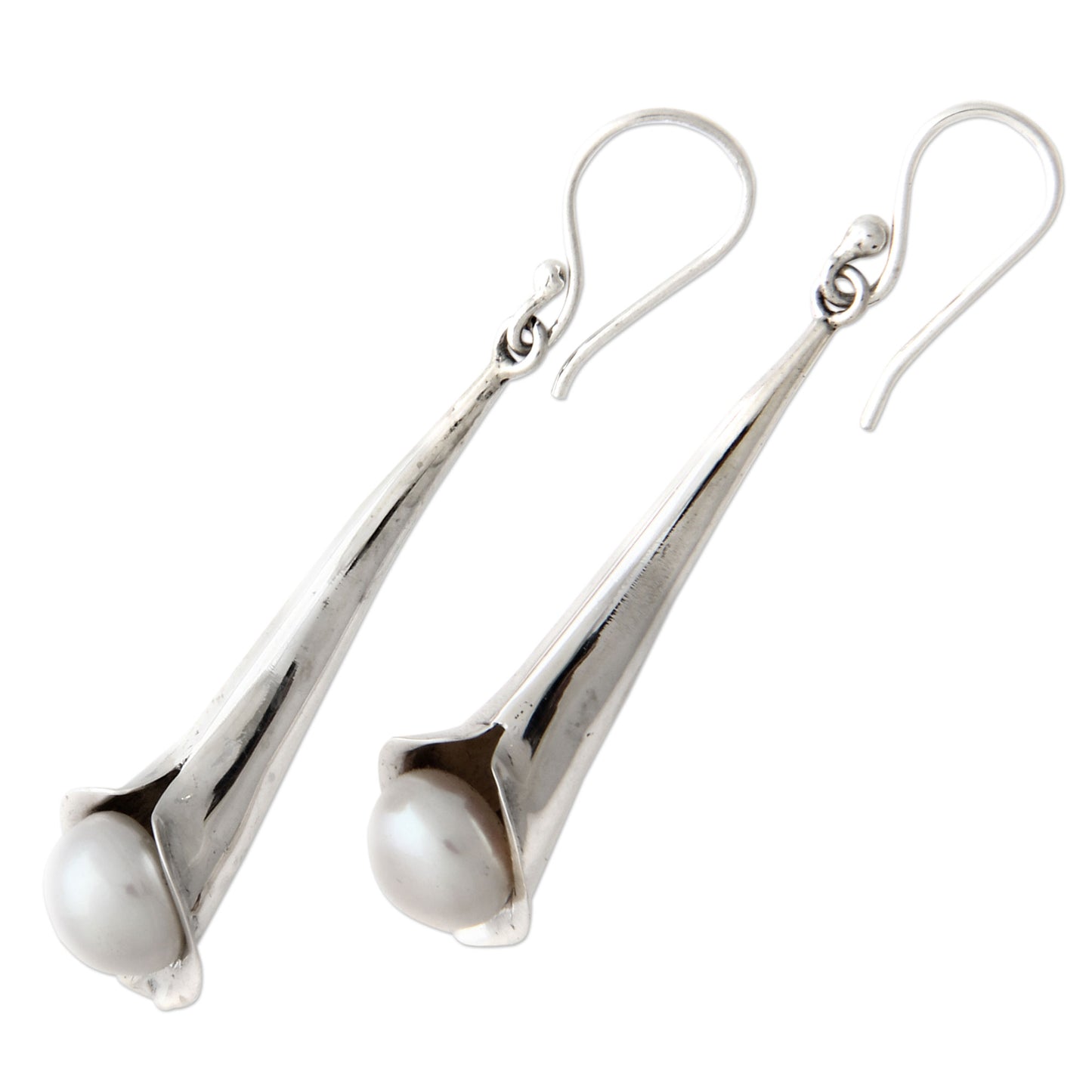 Trumpet Flower Silver & Pearl Dangle Earrings