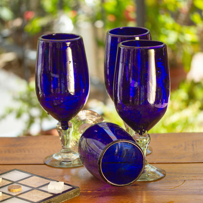 Night Sky Hand Blown Glass Goblets Set of 6 Cobalt Blue Mexico