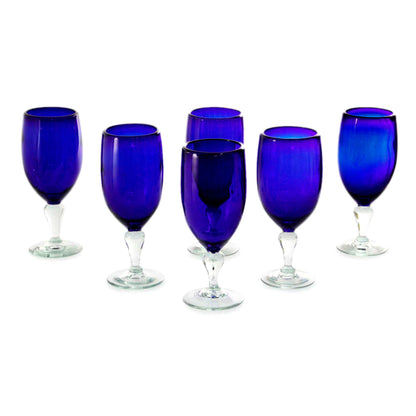 Night Sky Hand Blown Glass Goblets Set of 6 Cobalt Blue Mexico