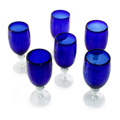 Night Sky Hand Blown Glass Goblets Set of 6 Cobalt Blue Mexico