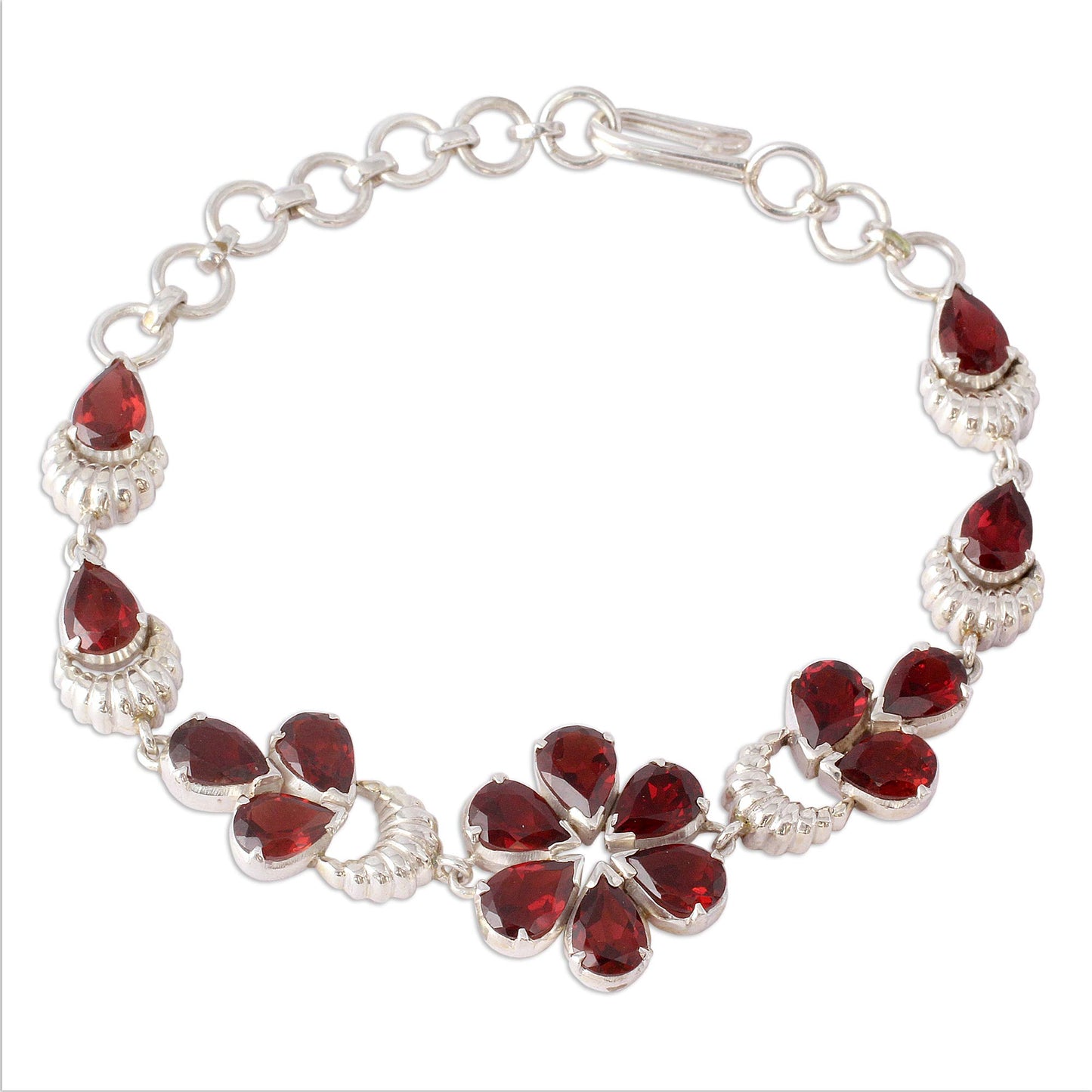 Cherry Blossom Floral Sterling Silver and Garnet Bracelet