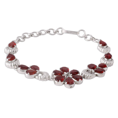 Cherry Blossom Floral Sterling Silver and Garnet Bracelet