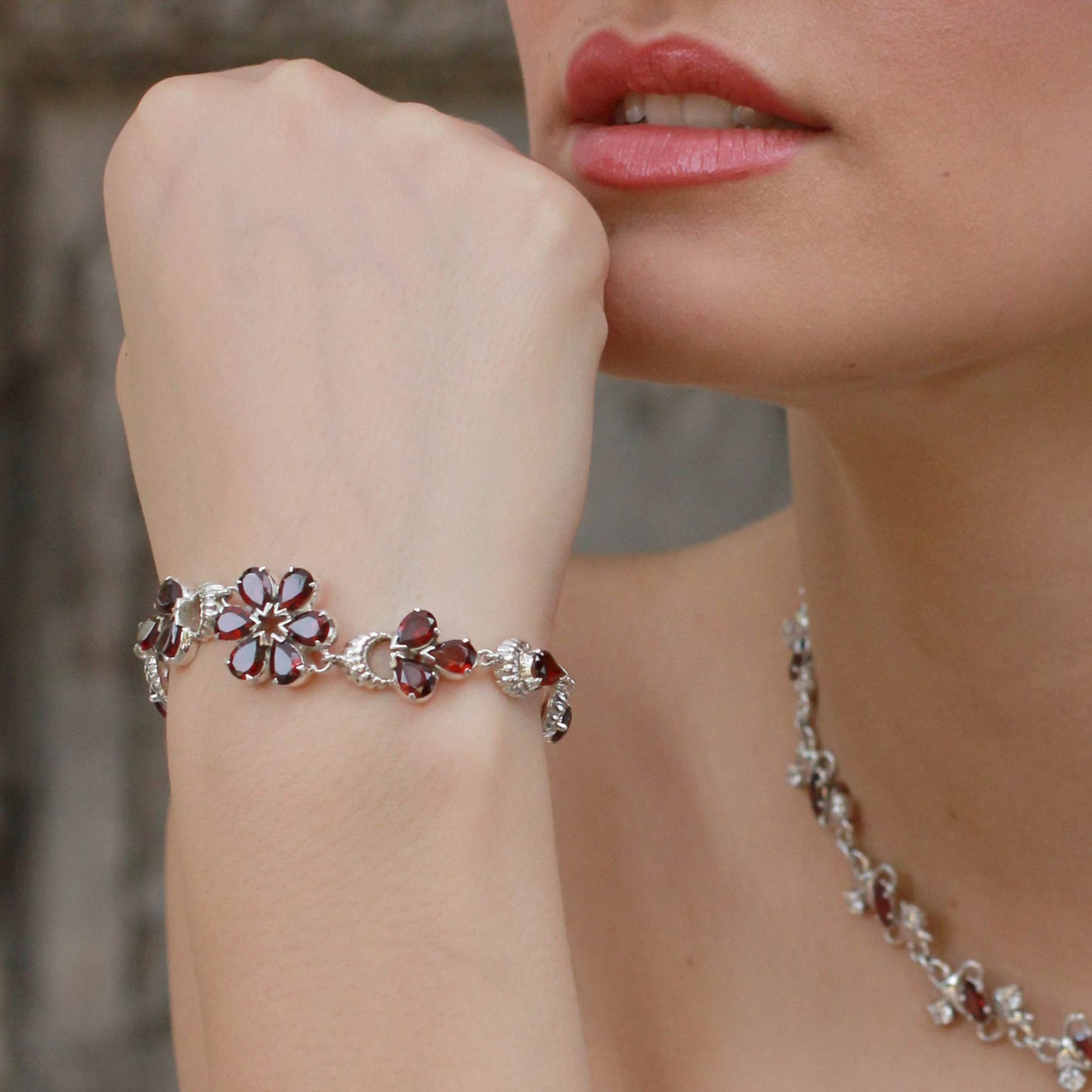 Cherry Blossom Floral Sterling Silver and Garnet Bracelet