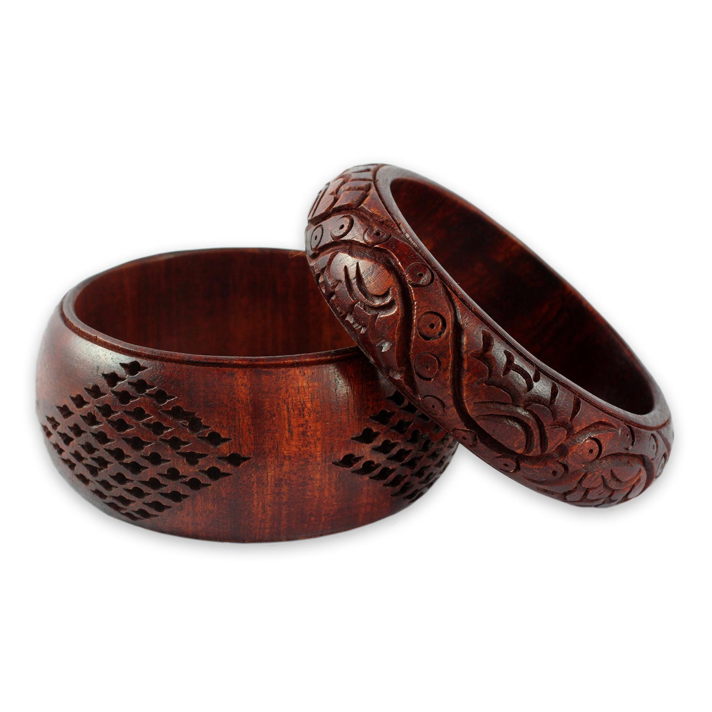 India Romance Artisan Crafted Floral Mango Wood Bangle Bracelets (Pair)