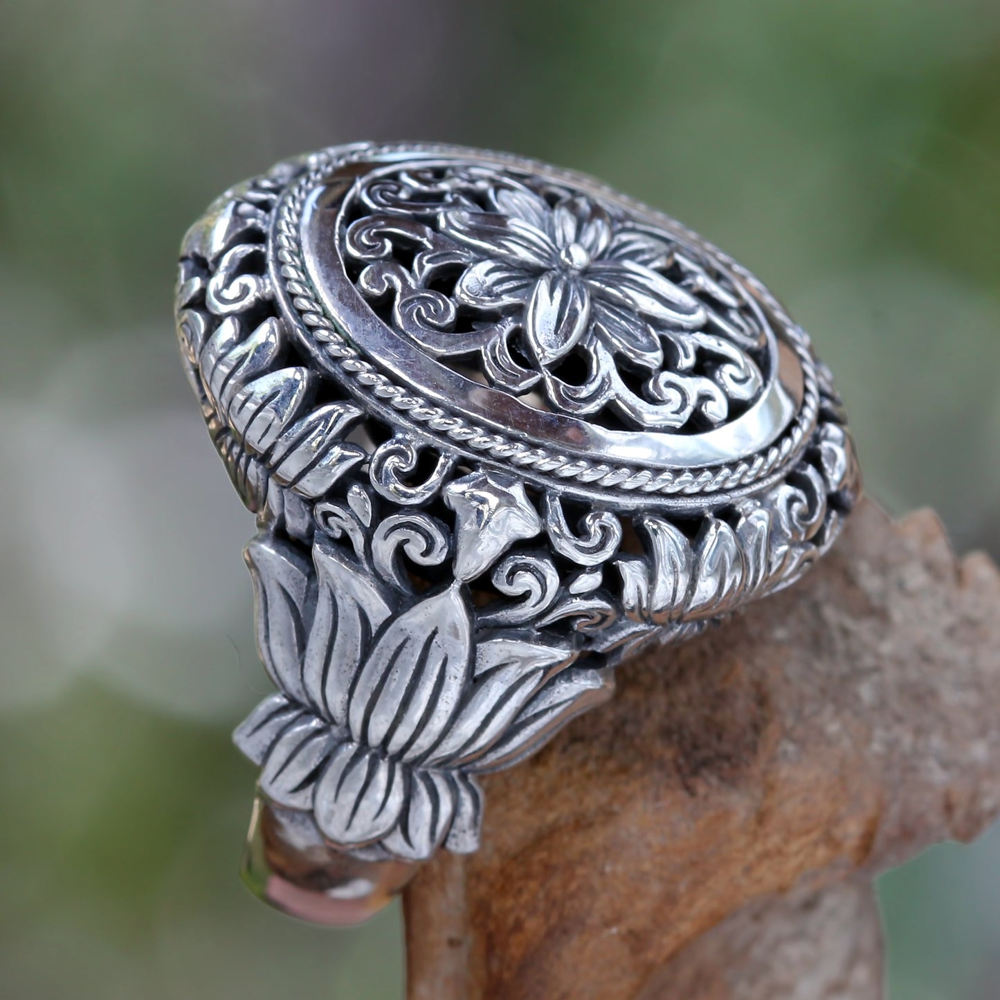 Precious Lotus Hand Made Floral Sterling Silver Cocktail Ring