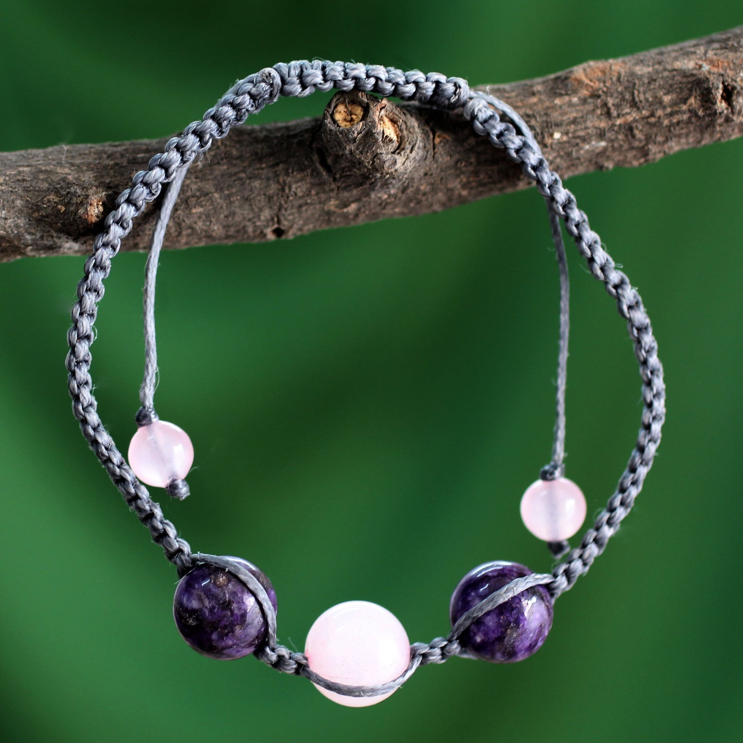 Serene Joy Indian Cotton Cord Charoite and Rose Quartz Bracelet