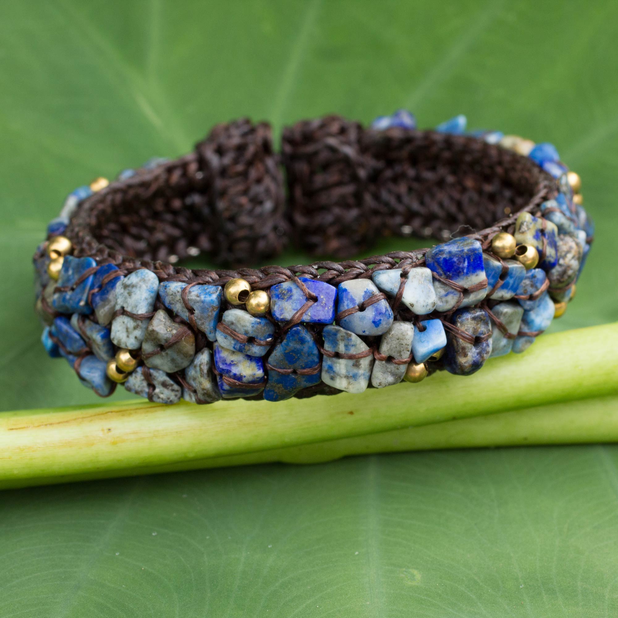 NOVICA Ocean Day Lapis Lazuli Woven Cuff Bracelet GreaterGood