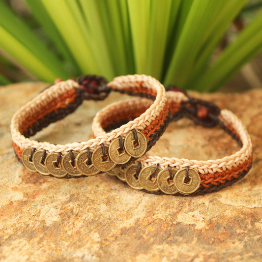 Ginger Coins Handcrafted Beaded Brass Coin Bracelets (Pair)