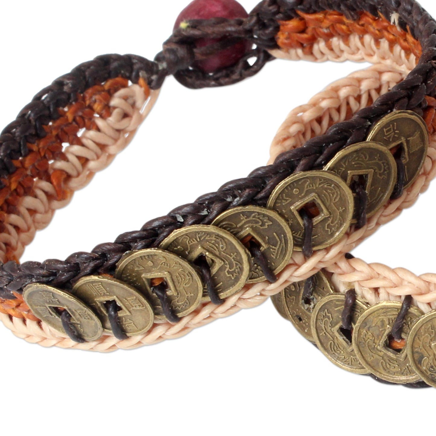 Ginger Coins Handcrafted Beaded Brass Coin Bracelets (Pair)