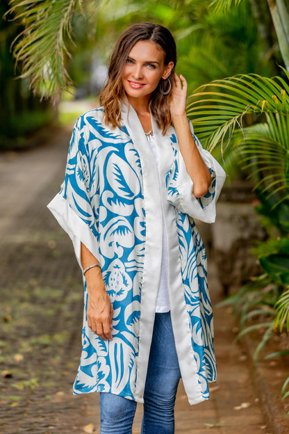 Floral Kimono Blue Silk Screen Print Tropical Hibiscus Women's Robe