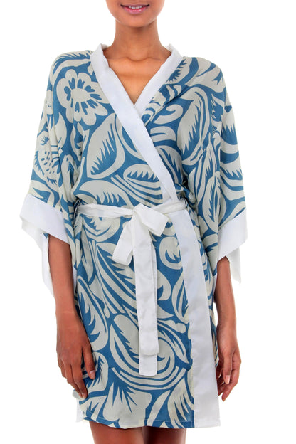 Floral Kimono Blue Silk Screen Print Tropical Hibiscus Women's Robe