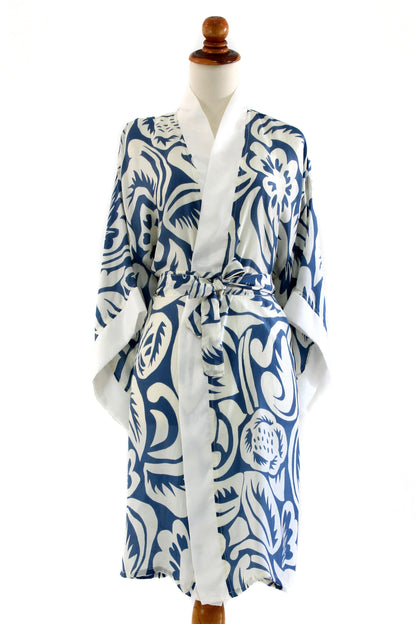 Floral Kimono Blue Silk Screen Print Tropical Hibiscus Women's Robe