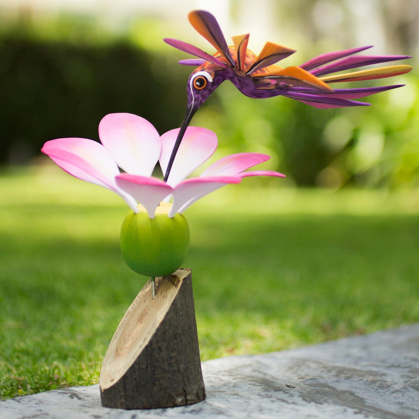 Happy Hummingbird Handmade Floral Wood Bird Sculpture