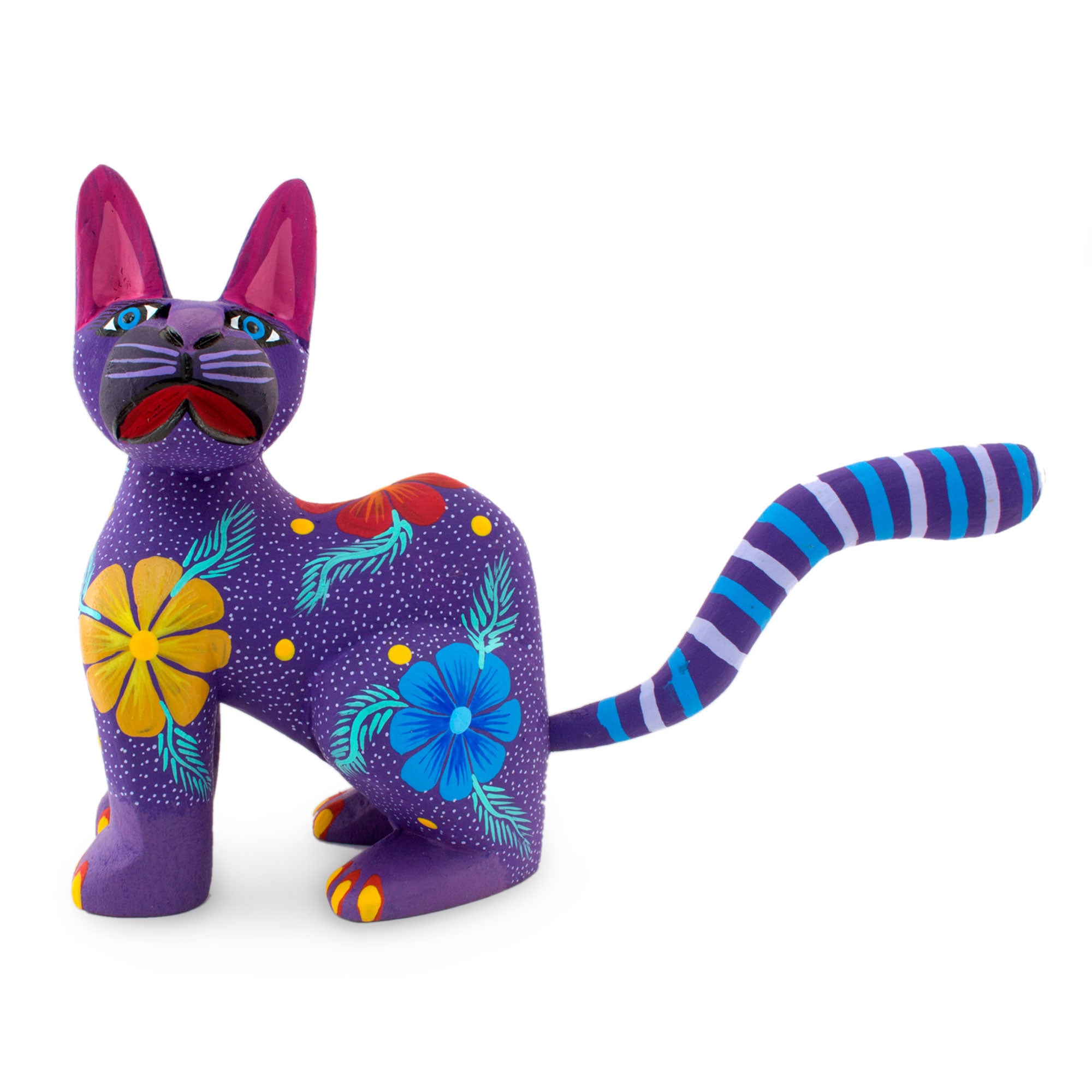 NOVICA Magical Cat Hand Crafted Purple Wood Kittycat Folk Art