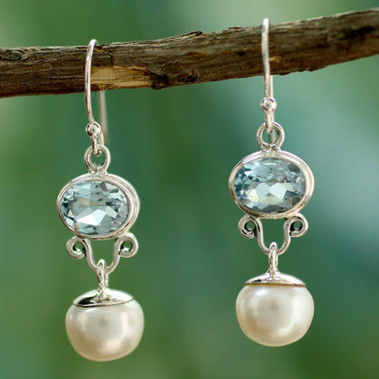 Dazzling Delhi Pearl and Blue Topaz Dangle Earrings