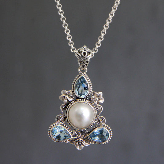 Frangipani Blue Topaz & Pearl Pendant Necklace