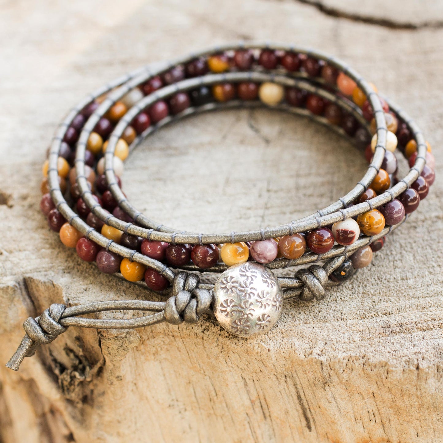 Forest Flower Hand Made Leather and Jasper Wrap Bracelet